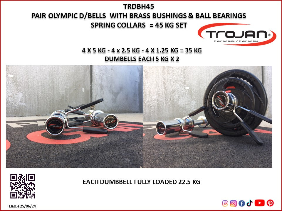 45 Kg Olympic Dumbbell Set with Brass Bushing & Spring Collars